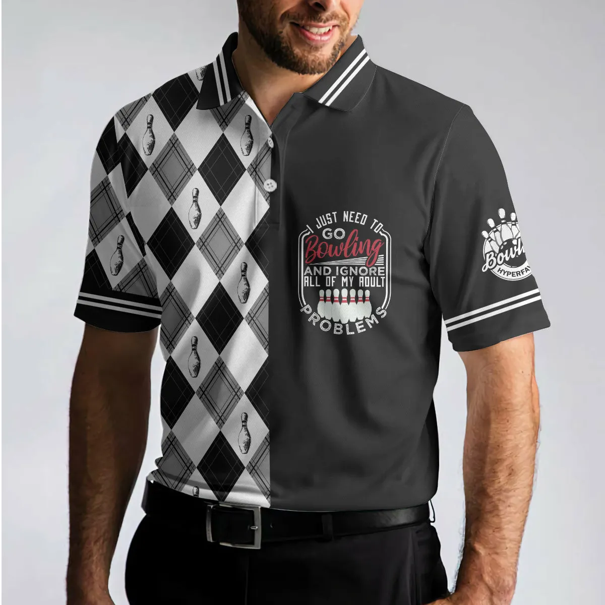 I Just Need To Go Bowling Polo Shirt, Black And White Argyle Pattern Polo Shirt, Best Bowling Shirt For Men Coolspod