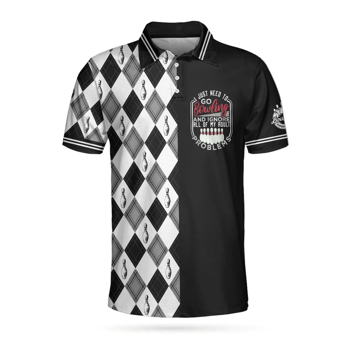 I Just Need To Go Bowling Polo Shirt, Black And White Argyle Pattern Polo Shirt, Best Bowling Shirt For Men Coolspod