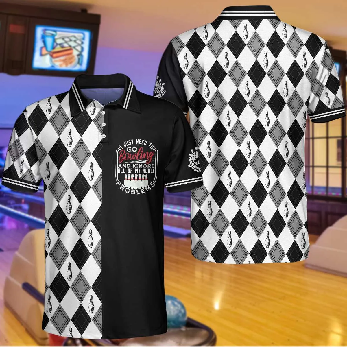 I Just Need To Go Bowling Polo Shirt, Black And White Argyle Pattern Polo Shirt, Best Bowling Shirt For Men Coolspod