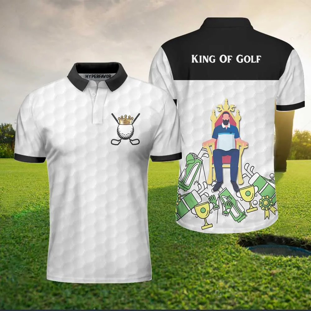 King Of Golf Black And White Polo Shirt For Men, Golf Texture Golfer On Throne Polo Shirt Coolspod