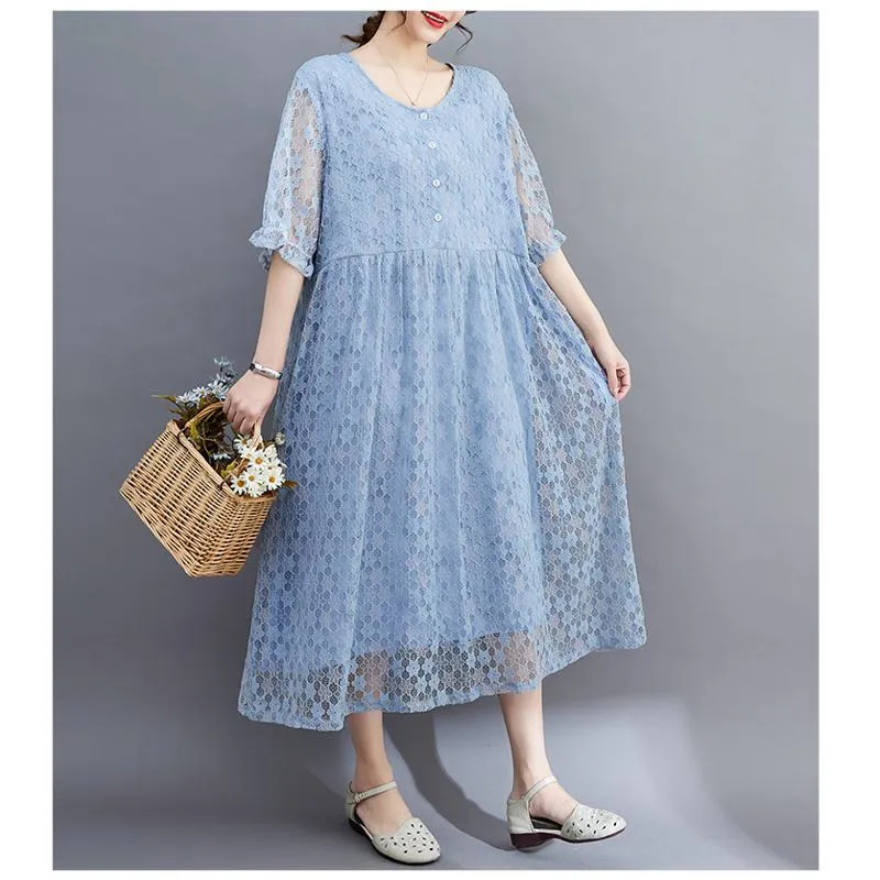 Lace Midi Simplicity Plus Artistic Slimming Round Neck Pullover Dress