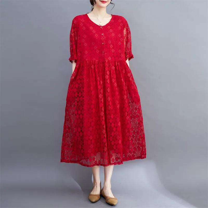 Lace Midi Simplicity Plus Artistic Slimming Round Neck Pullover Dress