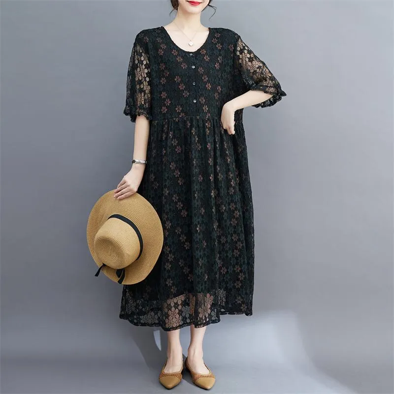 Lace Midi Simplicity Plus Artistic Slimming Round Neck Pullover Dress