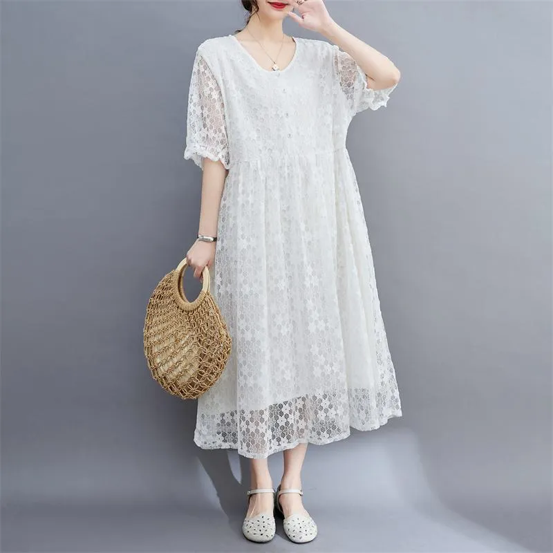 Lace Midi Simplicity Plus Artistic Slimming Round Neck Pullover Dress