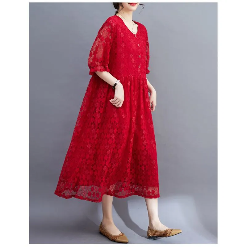 Lace Midi Simplicity Plus Artistic Slimming Round Neck Pullover Dress