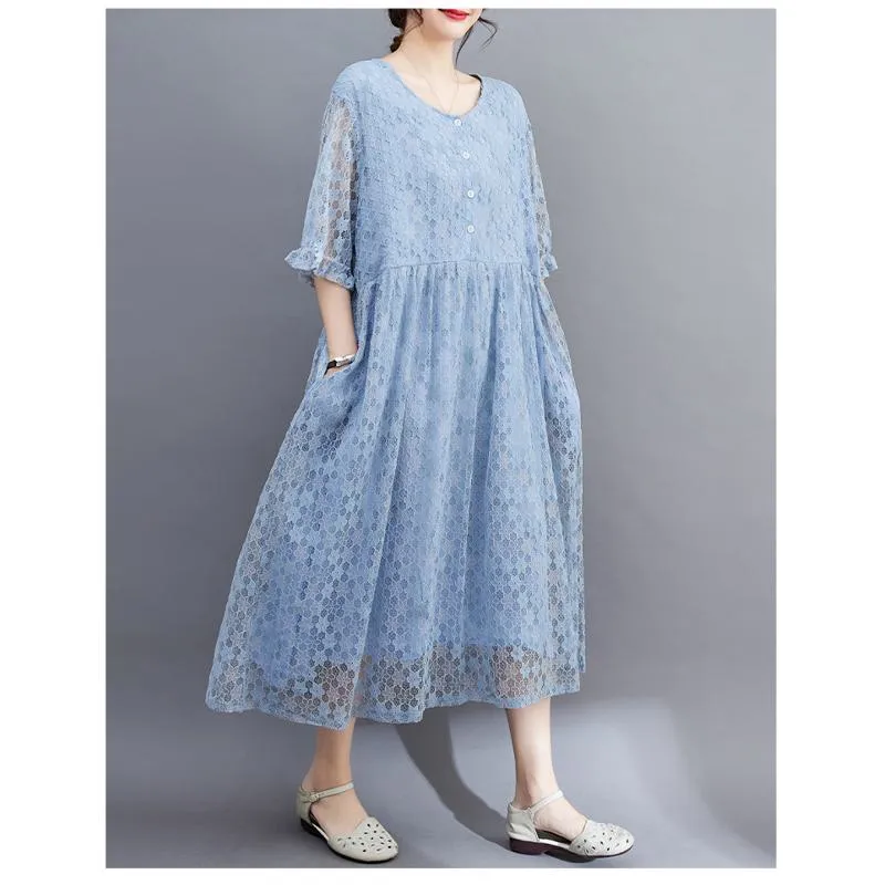 Lace Midi Simplicity Plus Artistic Slimming Round Neck Pullover Dress