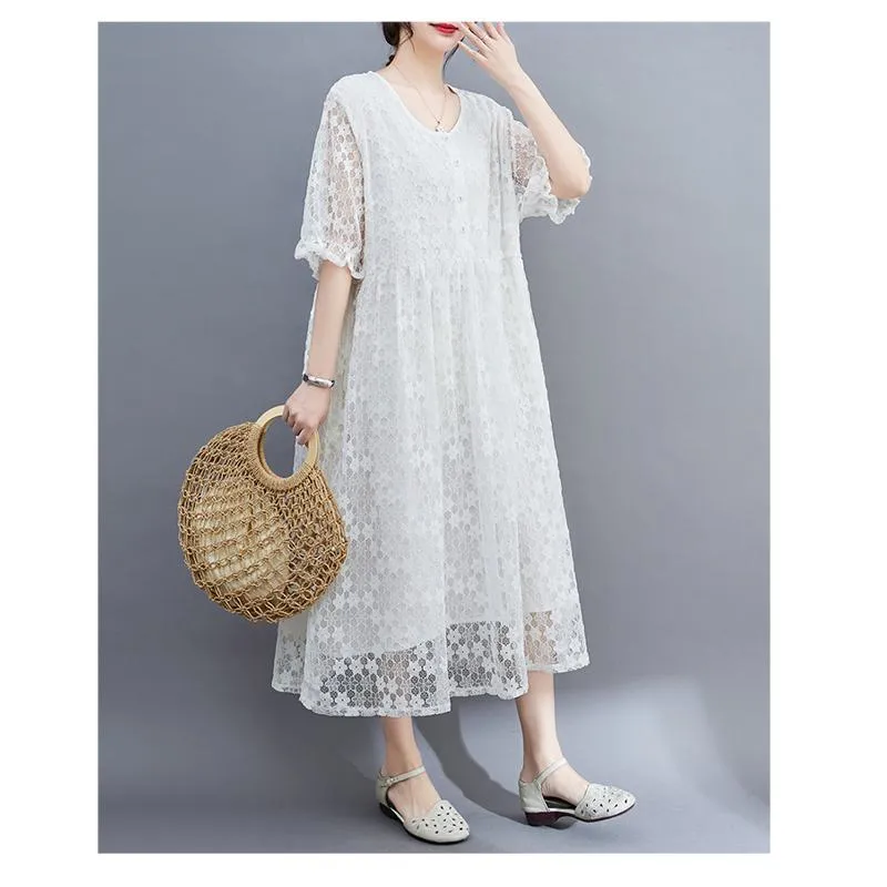 Lace Midi Simplicity Plus Artistic Slimming Round Neck Pullover Dress