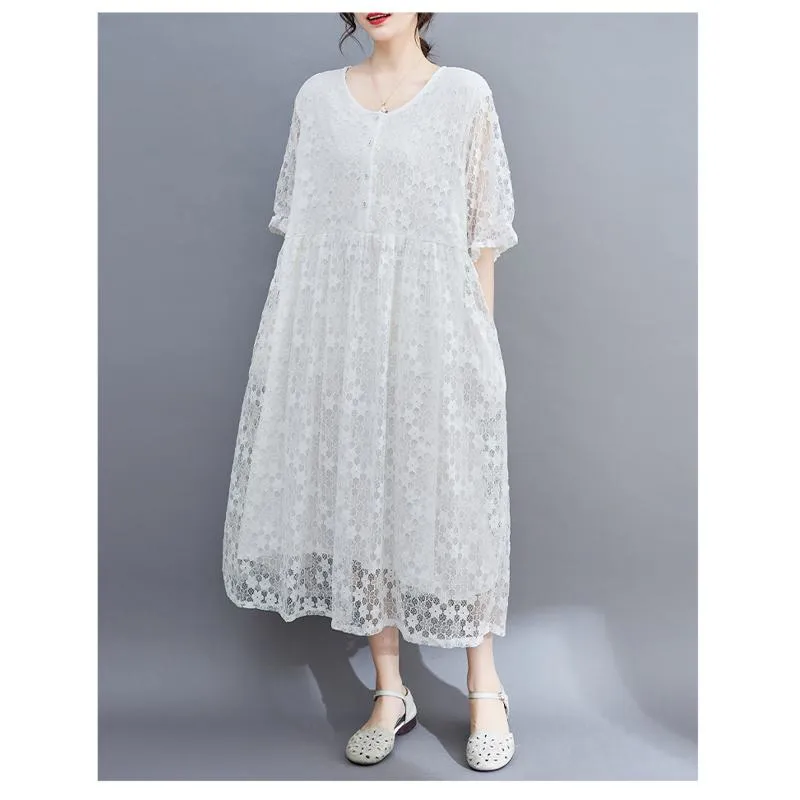 Lace Midi Simplicity Plus Artistic Slimming Round Neck Pullover Dress