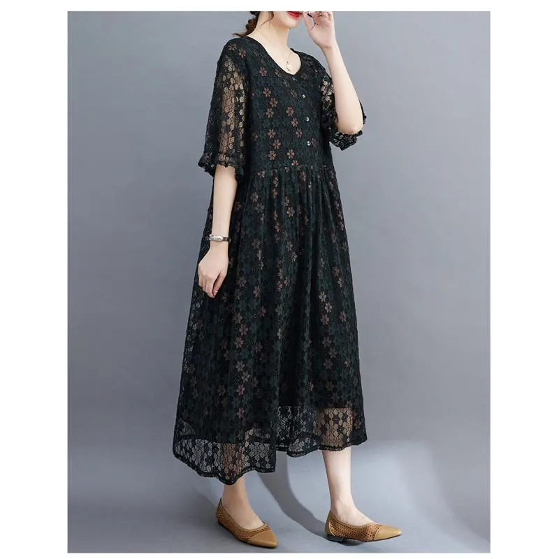 Lace Midi Simplicity Plus Artistic Slimming Round Neck Pullover Dress