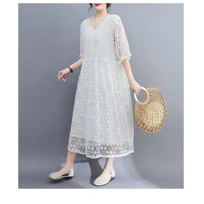 Lace Midi Simplicity Plus Artistic Slimming Round Neck Pullover Dress