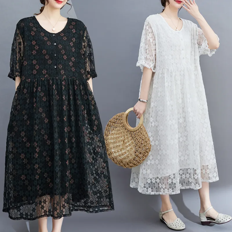 Lace Midi Simplicity Plus Artistic Slimming Round Neck Pullover Dress