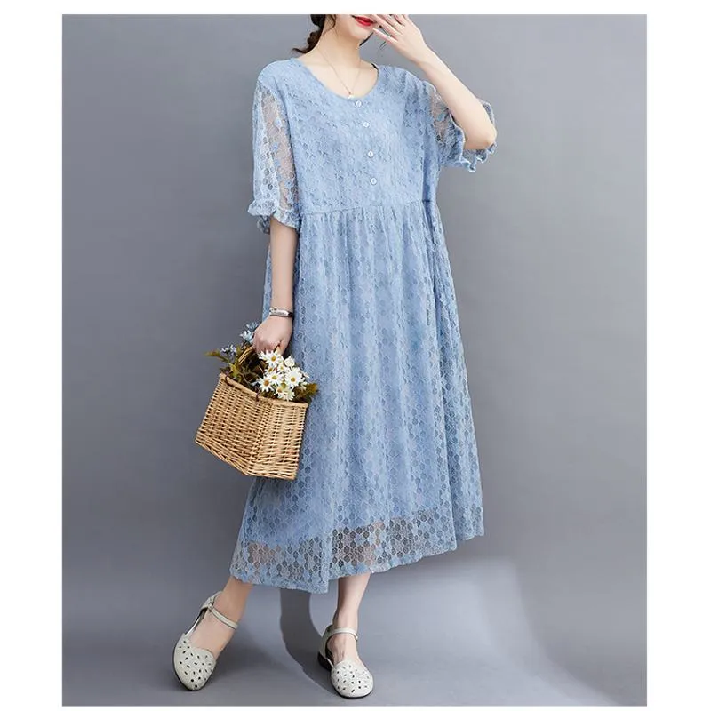 Lace Midi Simplicity Plus Artistic Slimming Round Neck Pullover Dress