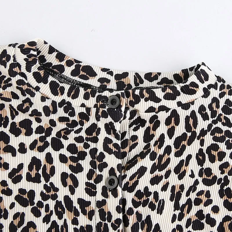 Leopard Print Sexy V Neck Rave Crop Top Shirt Long Sleeve