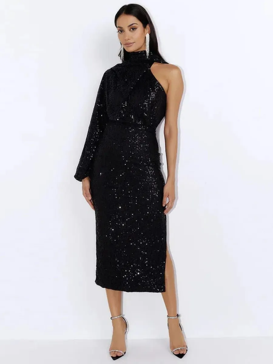 Long Sequin Dresses - One-Shoulder A-Line Ankle-Length Sparkly Gown for Women