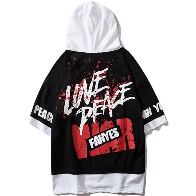 Love Peace War Printed Hooded Loose Short Sleeve Tees