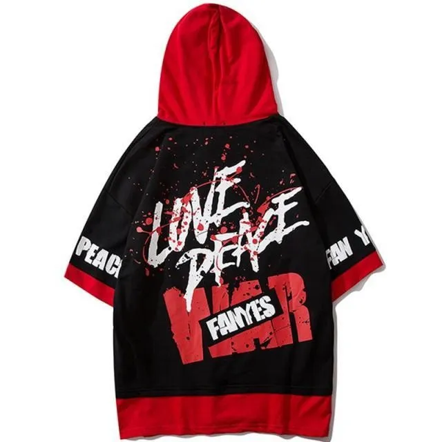 Love Peace War Printed Hooded Loose Short Sleeve Tees