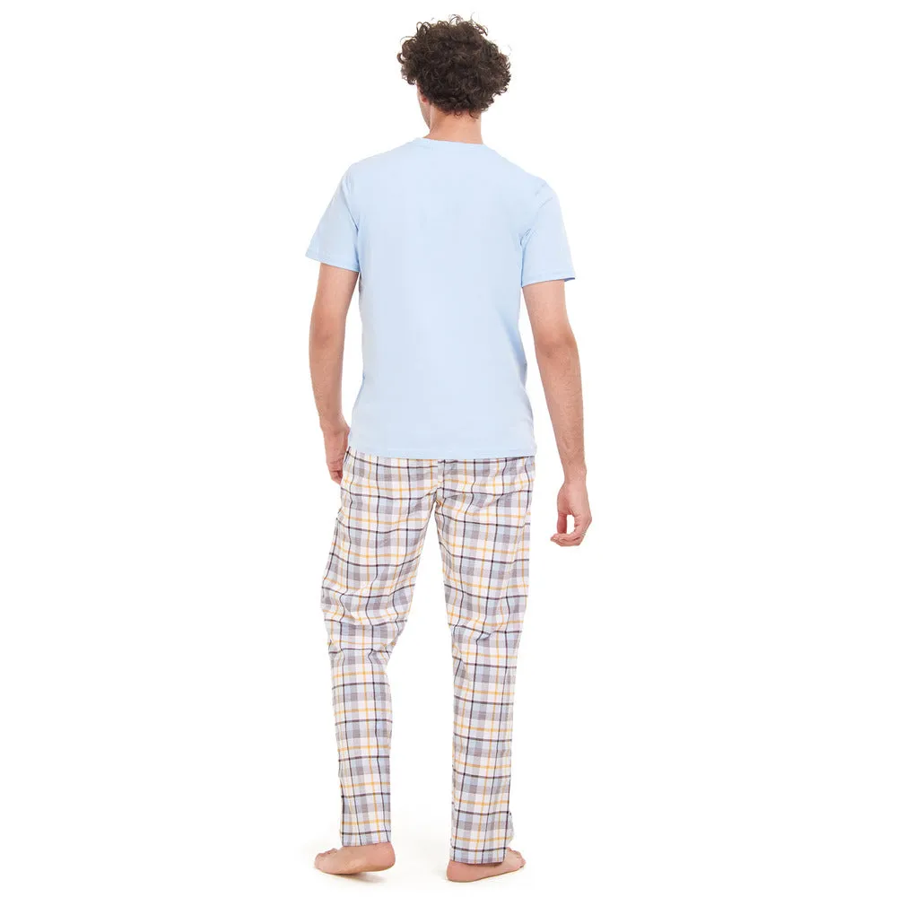 Men summer pajama set Light Blue T-shirt  Light Blue x Yellow Checkered pants