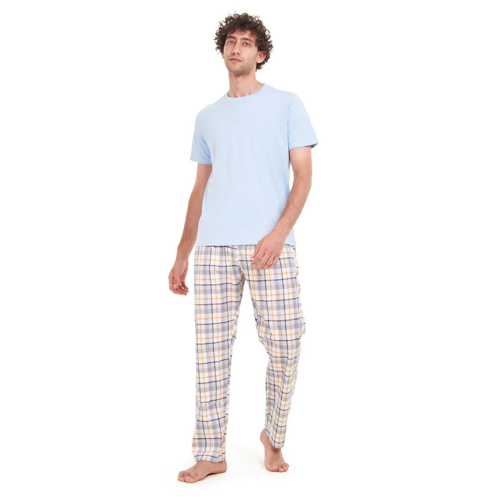 Men summer pajama set Light Blue T-shirt  Light Blue x Yellow Checkered pants