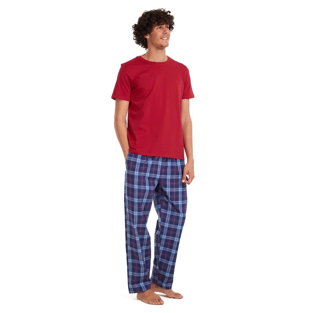 Men summer pajama set Maroon T-shirt   Red × Blue checkered pants