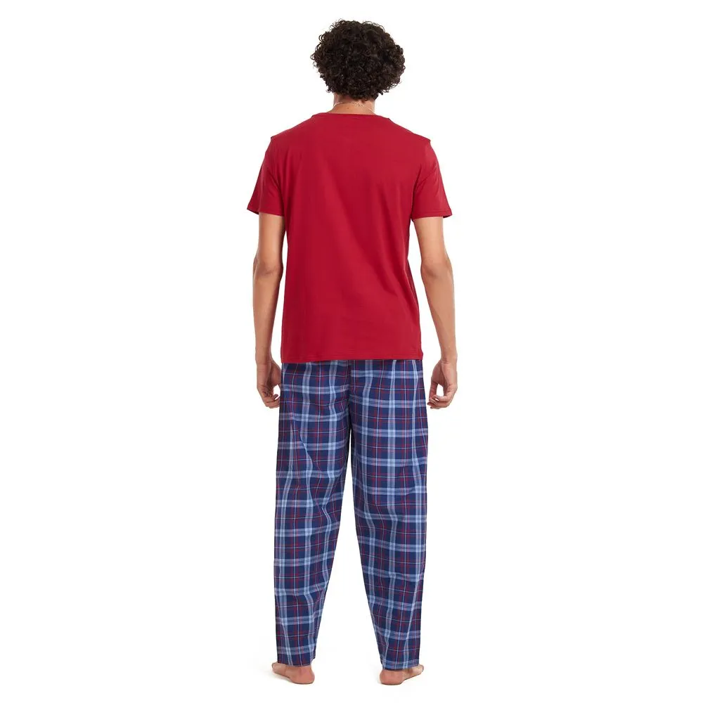 Men summer pajama set Maroon T-shirt   Red × Blue checkered pants