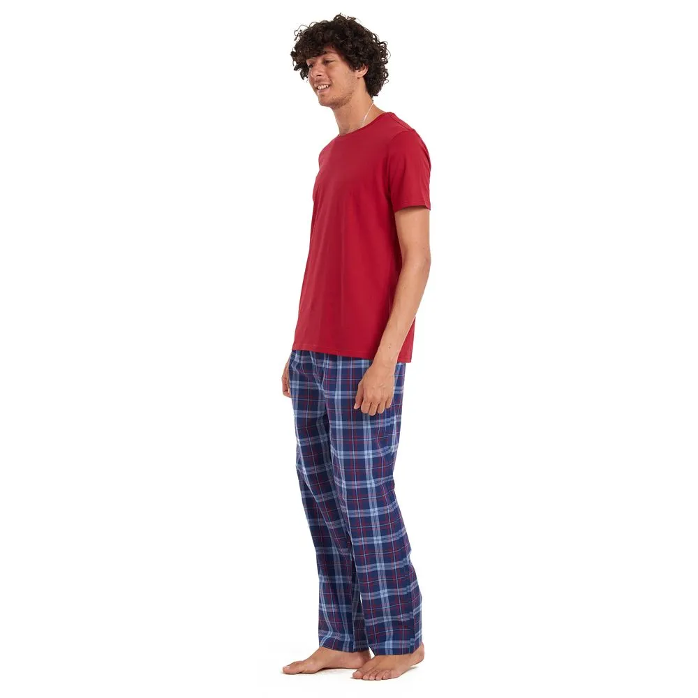 Men summer pajama set Maroon T-shirt   Red × Blue checkered pants