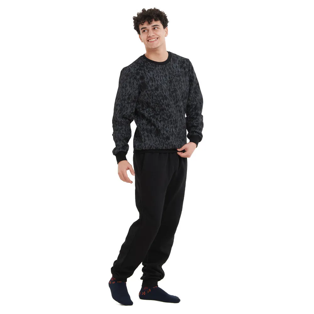 Men Winter Pajama Set Black Camouflage Sweatshirt   Black Pants