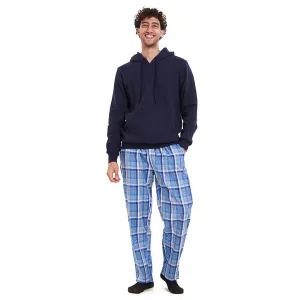 Men Winter Pajama Set Dark blue Hoodie   Grey x Dark blue Checkered Pants