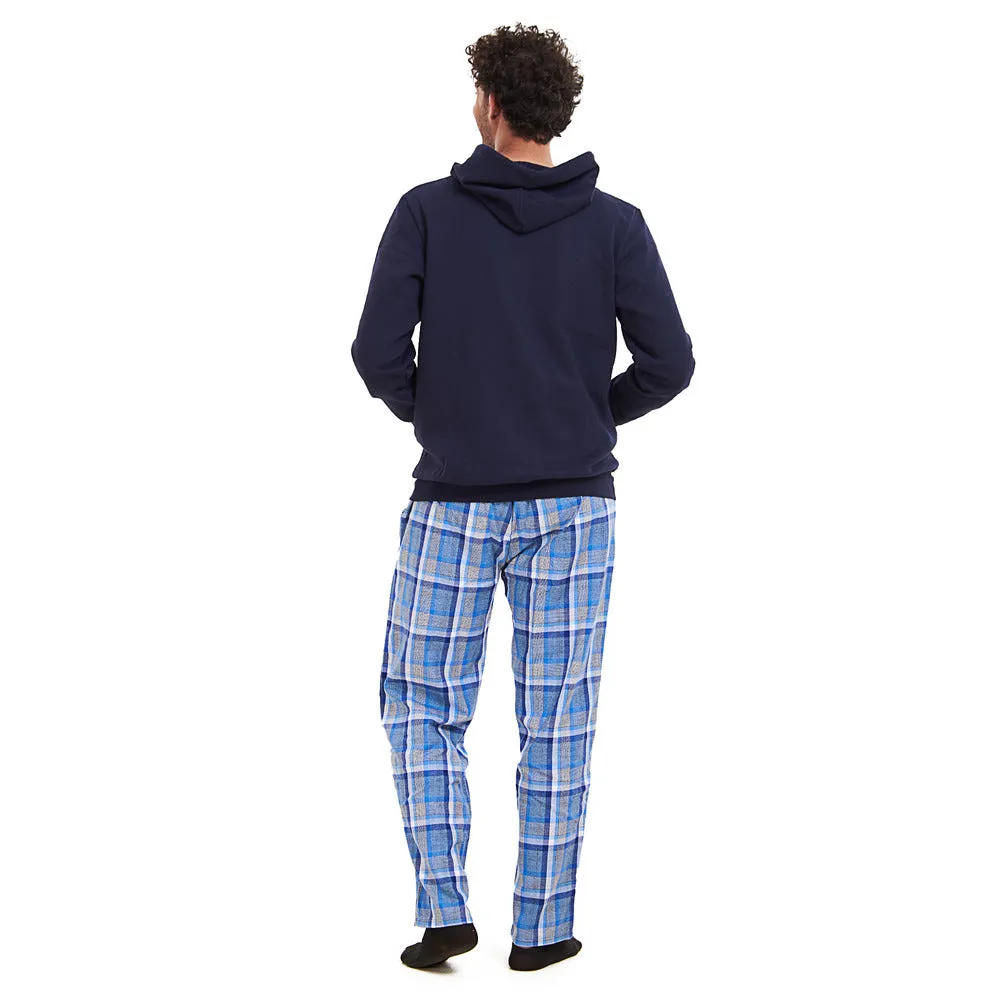 Men Winter Pajama Set Dark blue Hoodie   Grey x Dark blue Checkered Pants