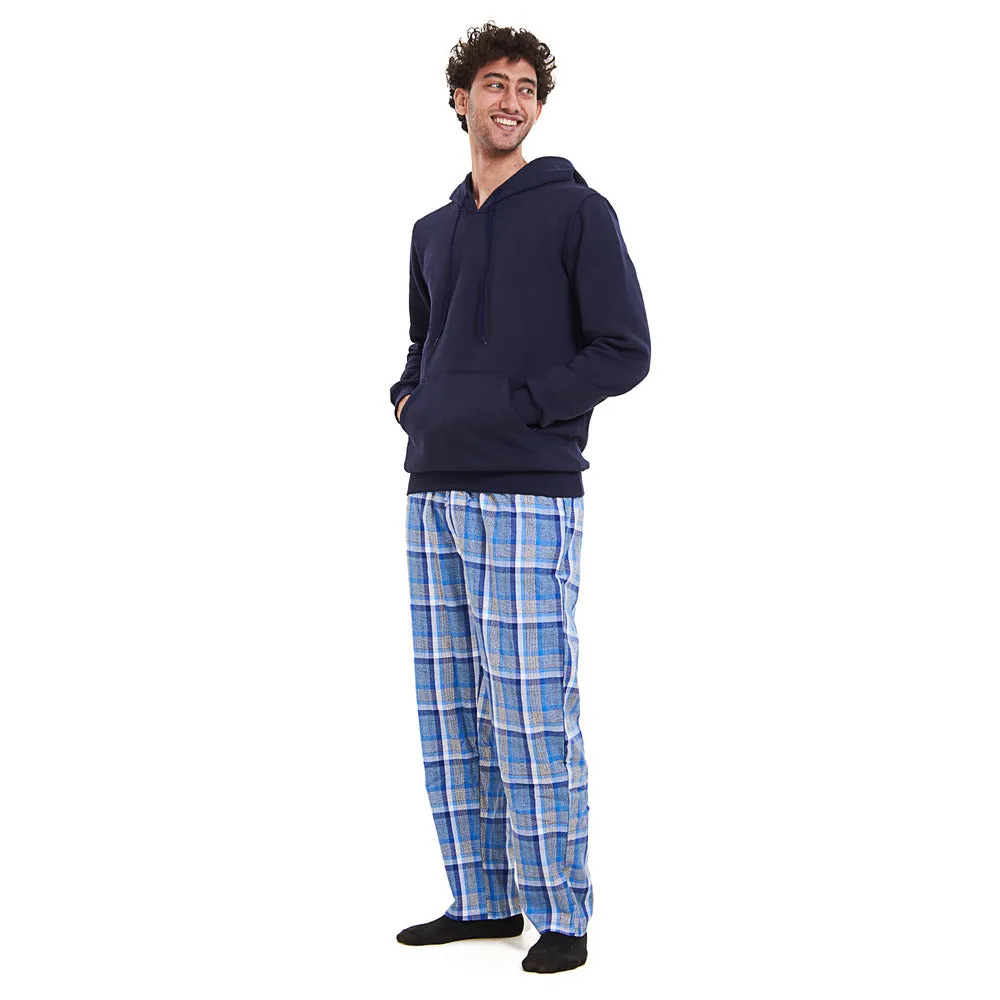 Men Winter Pajama Set Dark blue Hoodie   Grey x Dark blue Checkered Pants