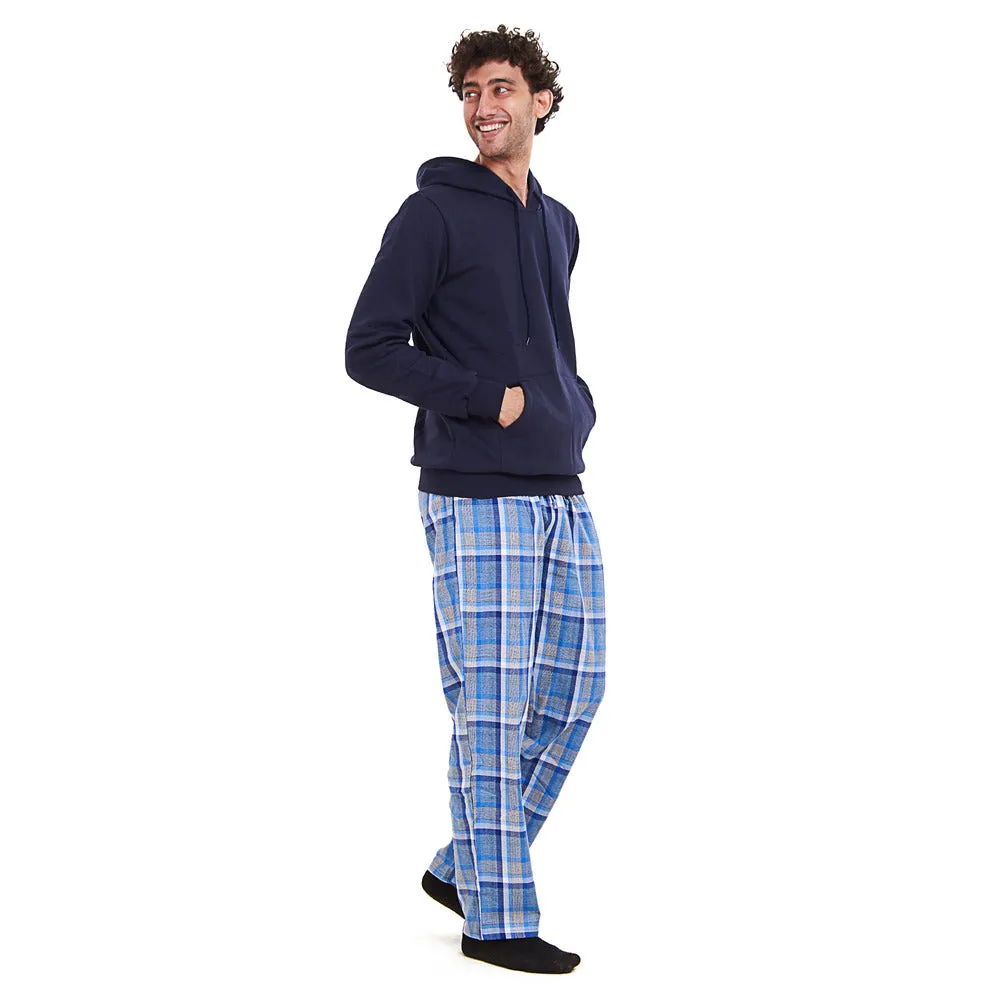 Men Winter Pajama Set Dark blue Hoodie   Grey x Dark blue Checkered Pants