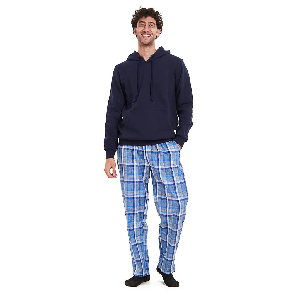 Men Winter Pajama Set Dark blue Hoodie   Grey x Dark blue Checkered Pants