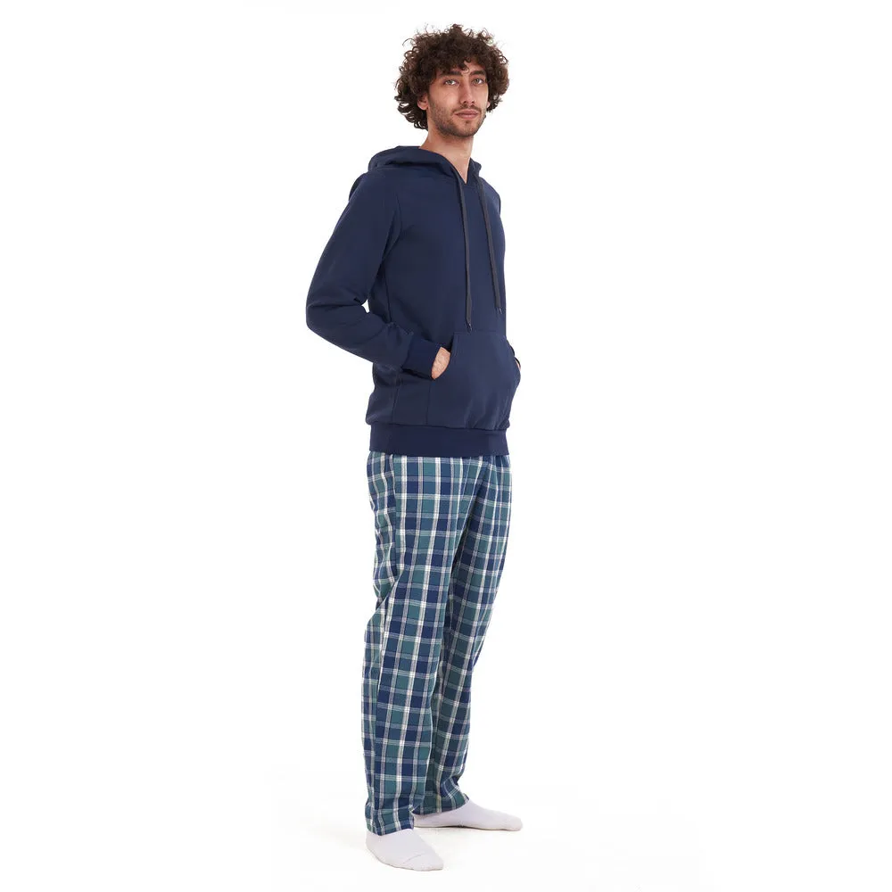 Men Winter Pajama Set Dark blue sweatshirt  Petroleum checkered Pants