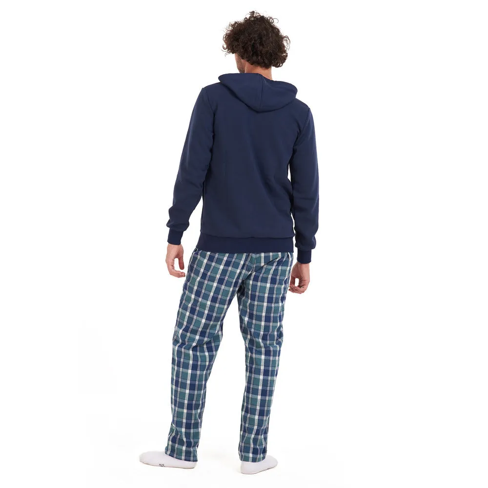 Men Winter Pajama Set Dark blue sweatshirt  Petroleum checkered Pants