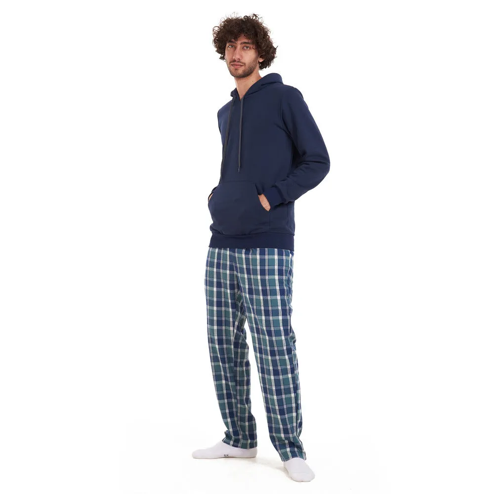 Men Winter Pajama Set Dark blue sweatshirt  Petroleum checkered Pants