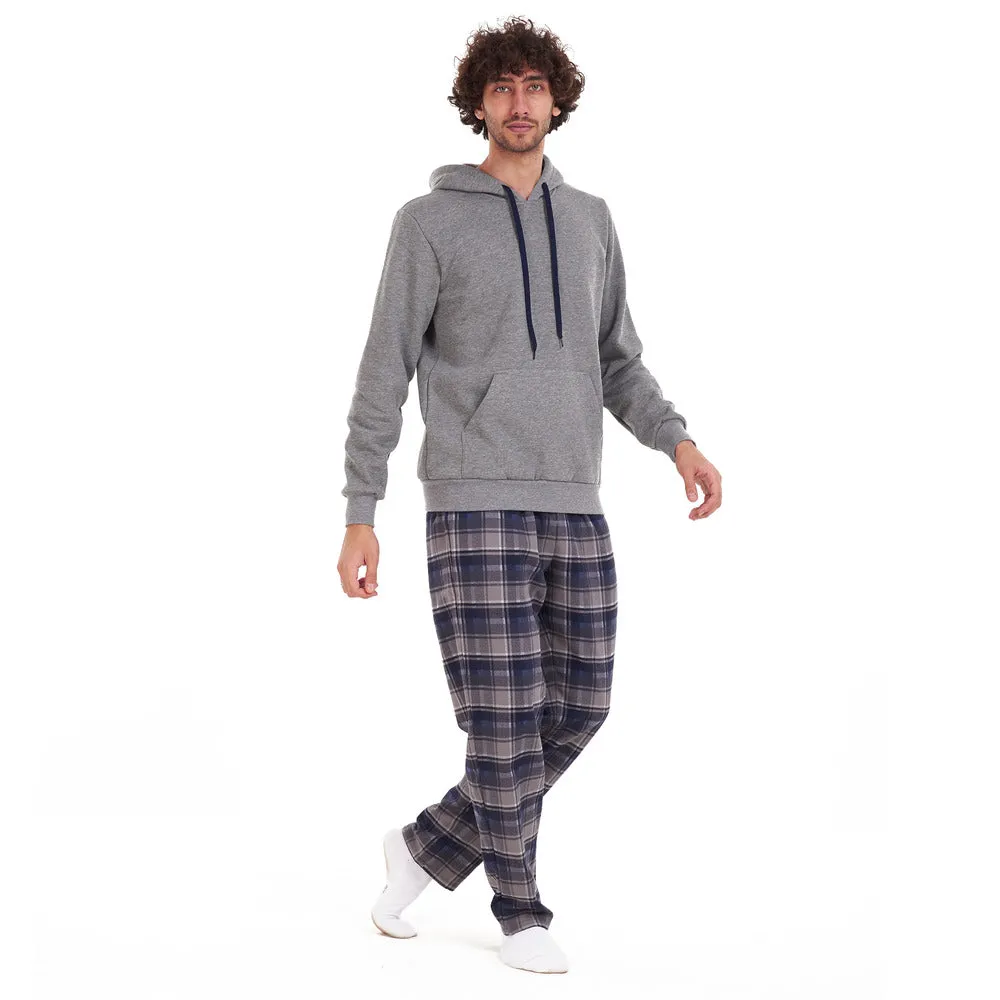 Men Winter Pajama Set Dark grey sweatshirt   Dark blue x grey checkered Pants