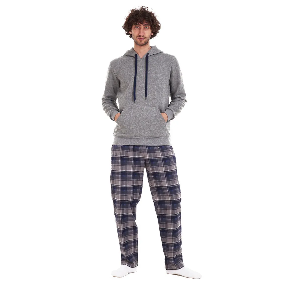 Men Winter Pajama Set Dark grey sweatshirt   Dark blue x grey checkered Pants