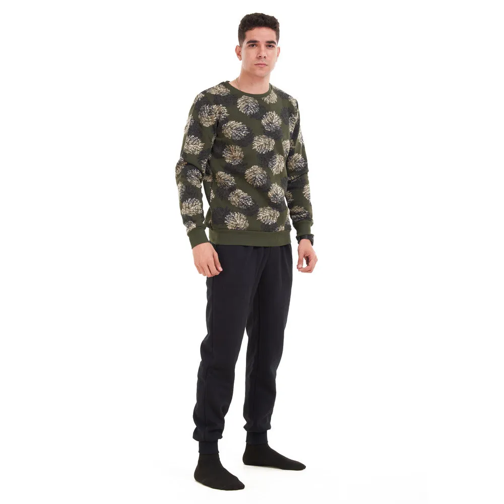 Men Winter Pajama Set Green with black leaves Shirt   Black Pants