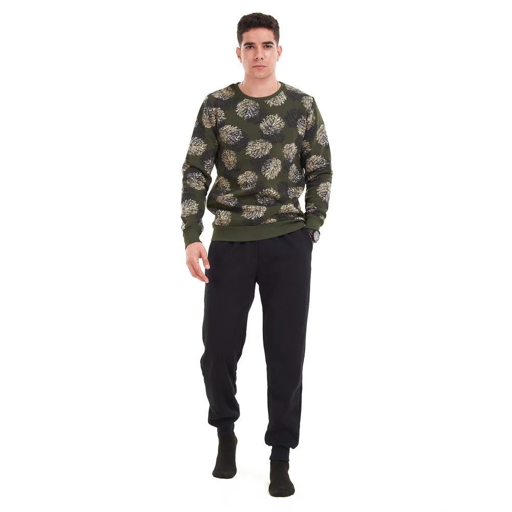 Men Winter Pajama Set Green with black leaves Shirt   Black Pants