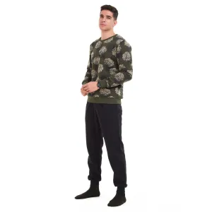 Men Winter Pajama Set Green with black leaves Shirt   Black Pants