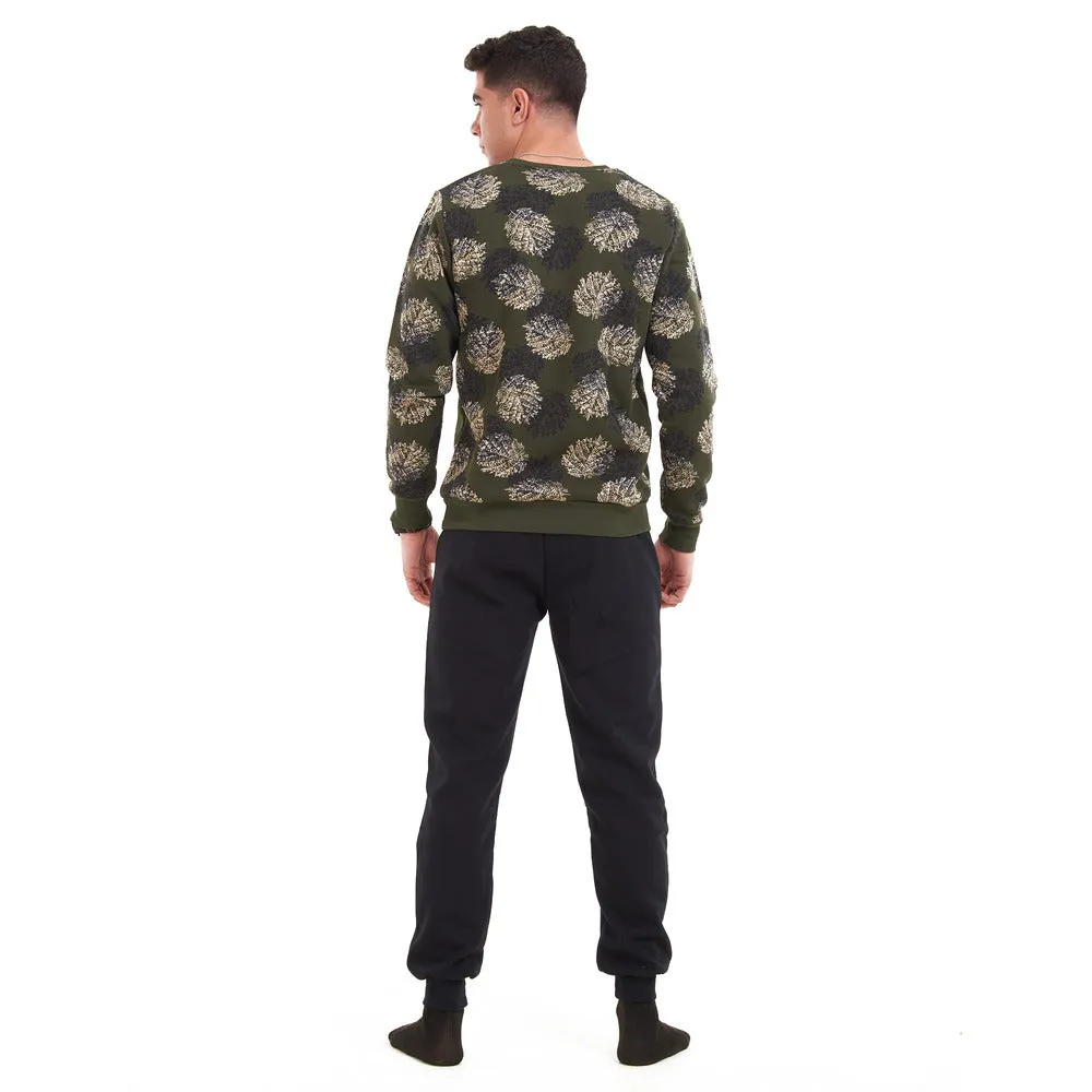 Men Winter Pajama Set Green with black leaves Shirt   Black Pants