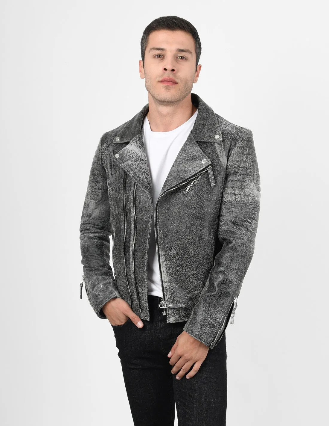 Men's Biker Crackle Style Leather Jacket