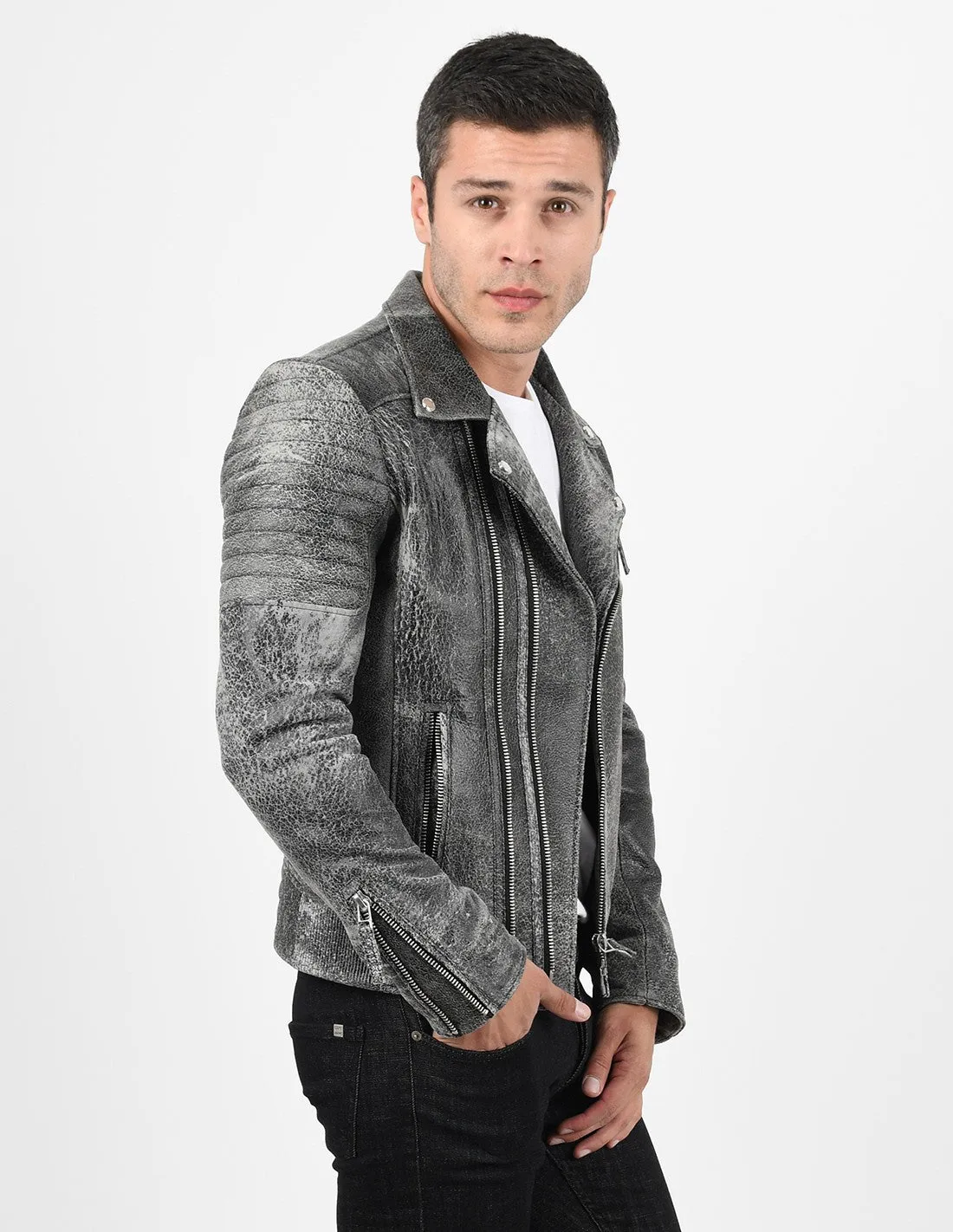 Men's Biker Crackle Style Leather Jacket