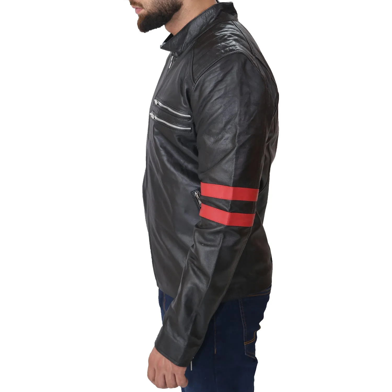 Men's Black Cafe Racer Red Strip Lambskin Leather Jacket