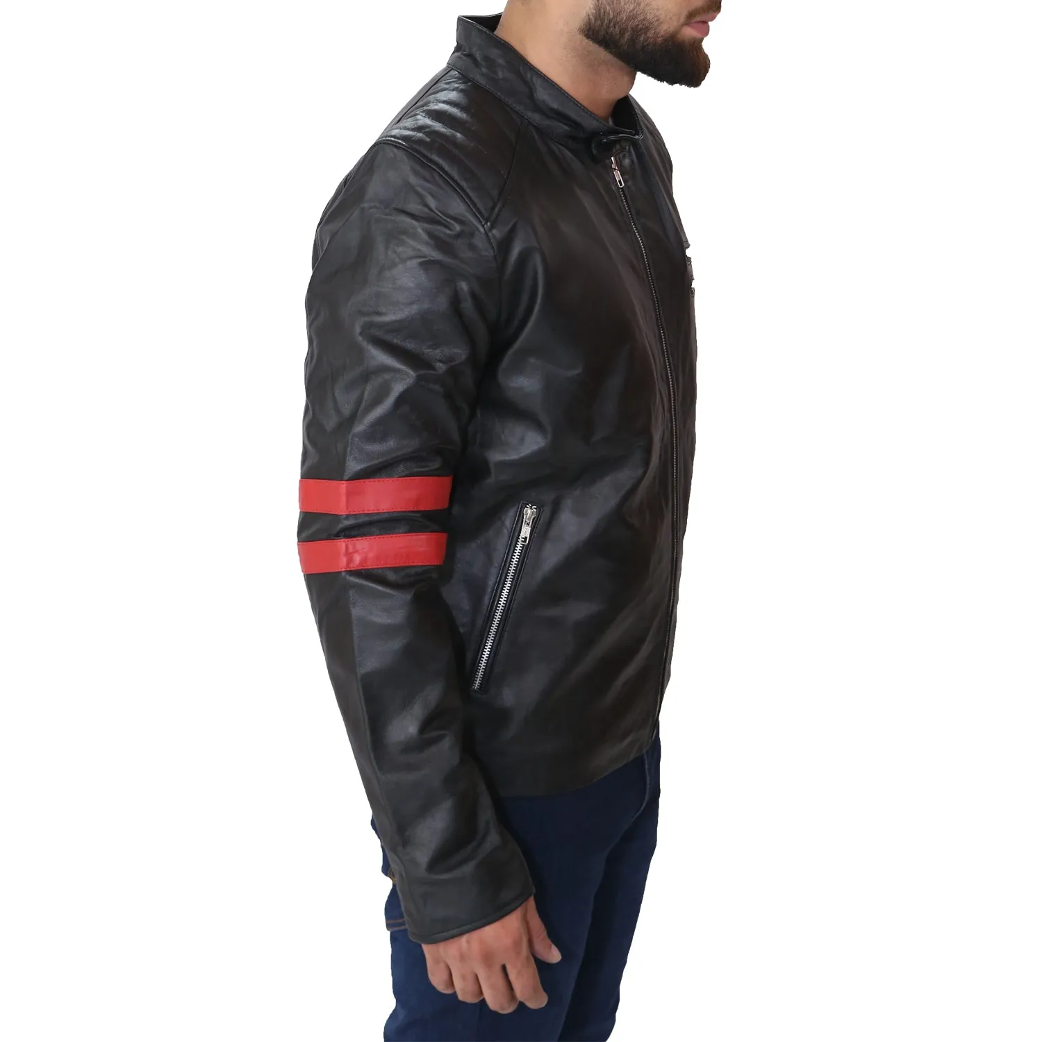 Men's Black Cafe Racer Red Strip Lambskin Leather Jacket