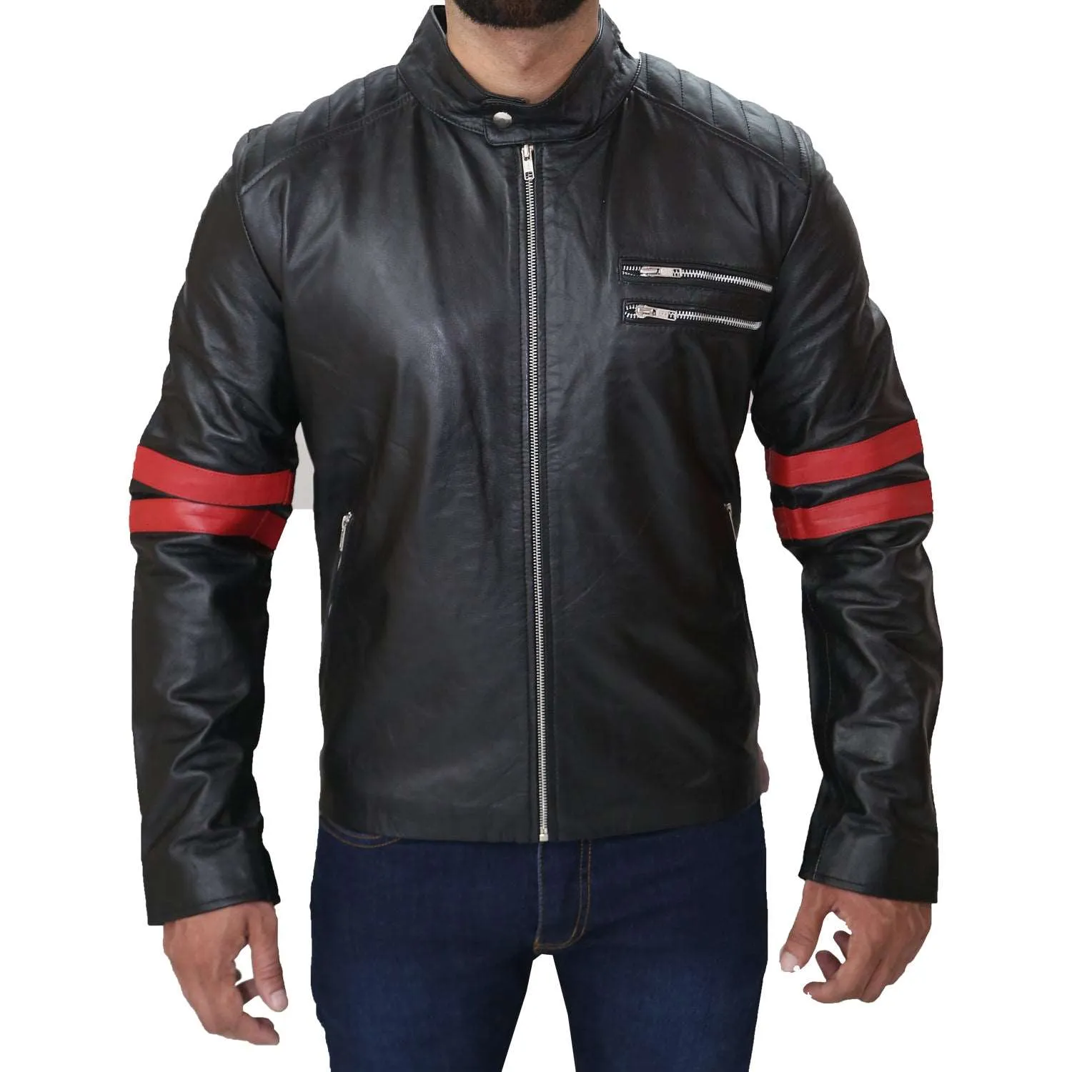 Men's Black Cafe Racer Red Strip Lambskin Leather Jacket