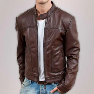 Men's Casual Bomber Style Brown Leather Jacket