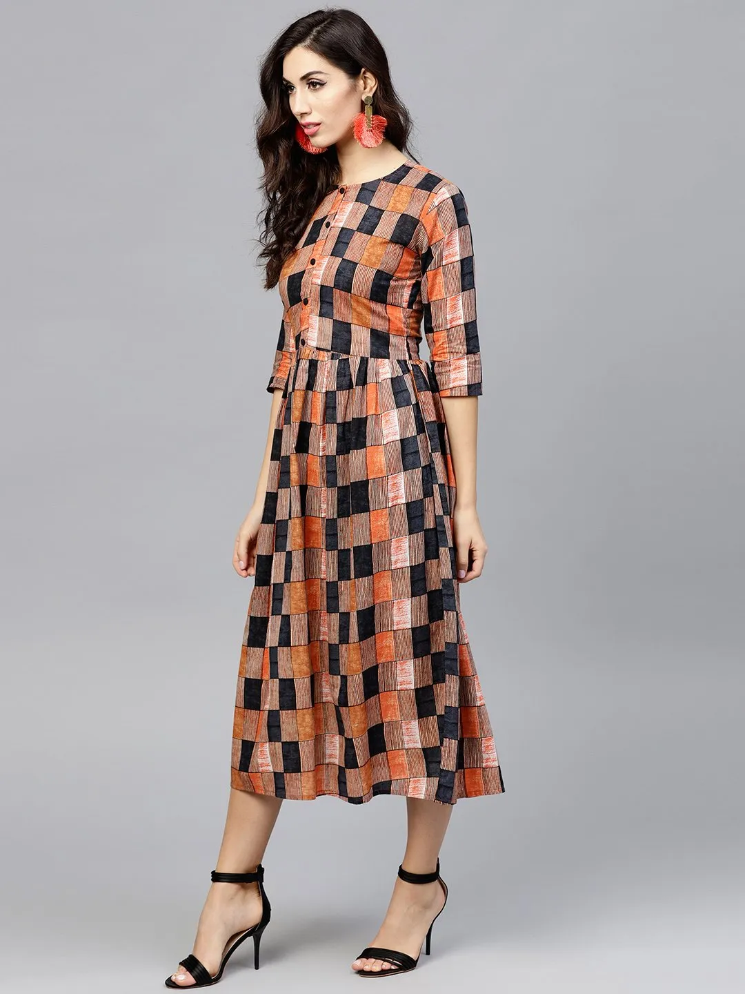 Multi Colored  Round Neck Checked Dress With Front Placket And 3/4 Sleeves