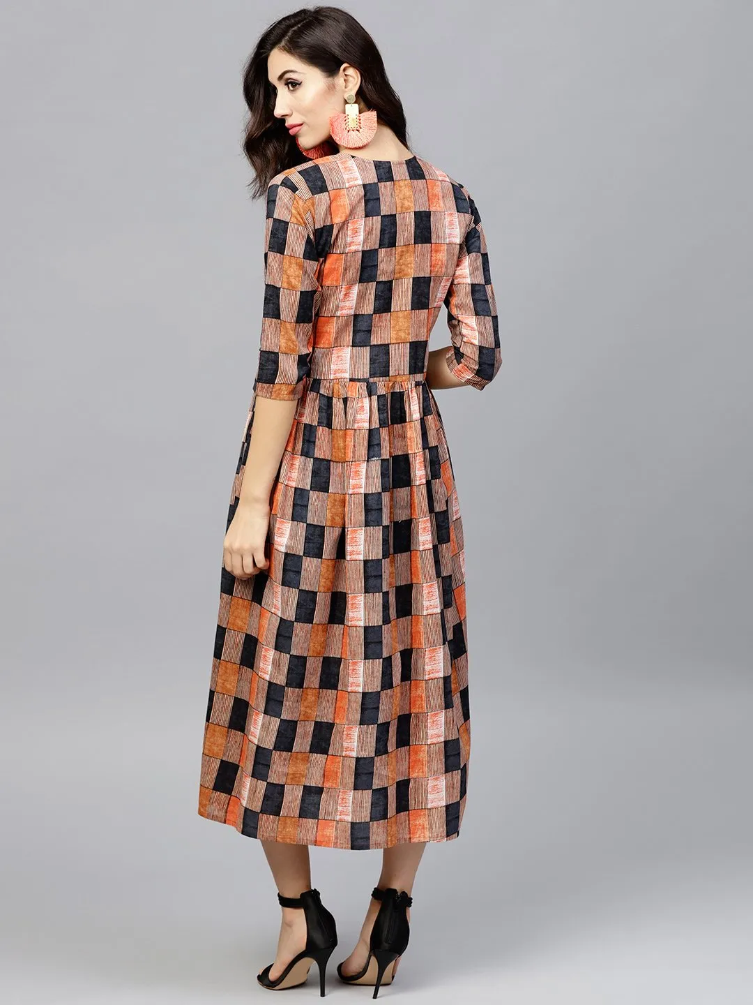 Multi Colored  Round Neck Checked Dress With Front Placket And 3/4 Sleeves