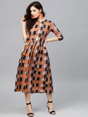 Multi Colored  Round Neck Checked Dress With Front Placket And 3/4 Sleeves