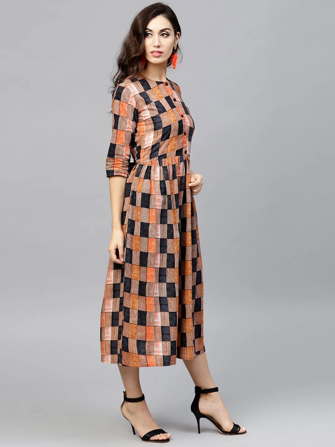 Multi Colored  Round Neck Checked Dress With Front Placket And 3/4 Sleeves